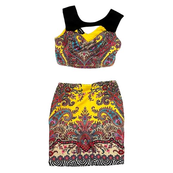 Bebe | Yellow Multi Color Floral Print Crop Tank Matching Skirt 2 Piece Set - Picture 2 of 11